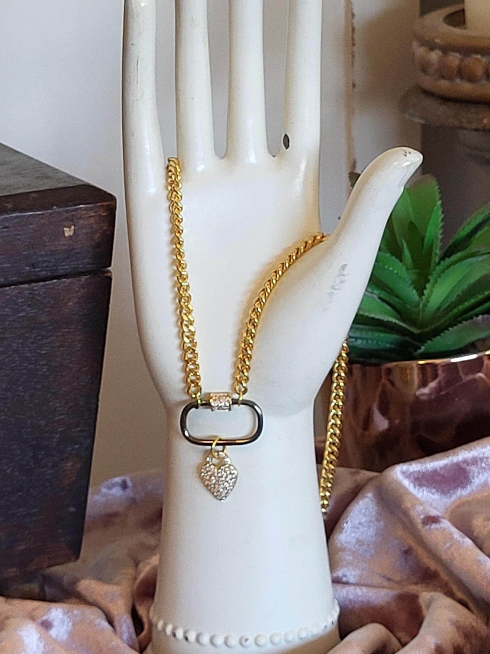 Gold Curb Chain Necklace with Gunmetal Carabiner & Pavé Heart Charm