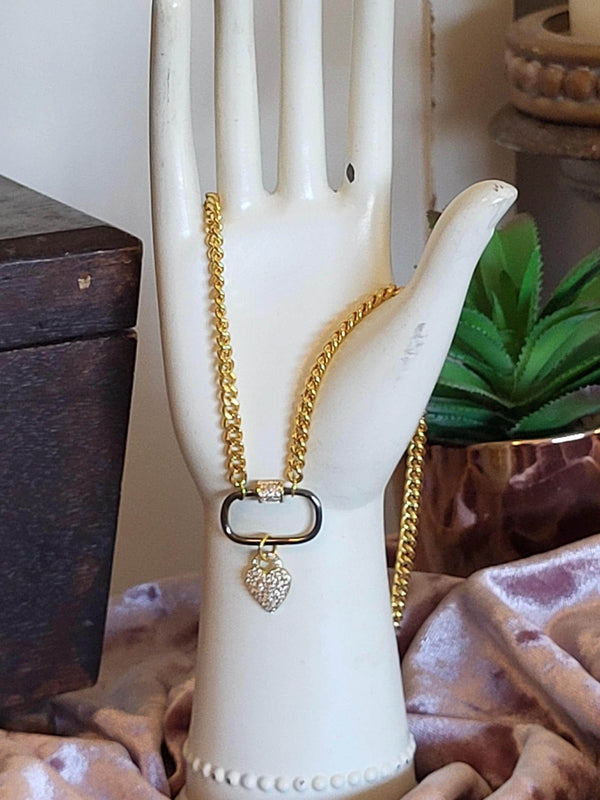 Gold Curb Chain Necklace with Gunmetal Carabiner & Pavé Heart Charm