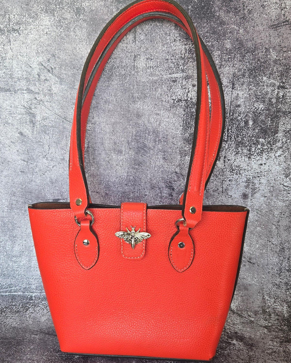 Bold Orange Leather Purse with Bee Clasp & Double Shoulder Straps – Medium to Large Handbag- The Chiara