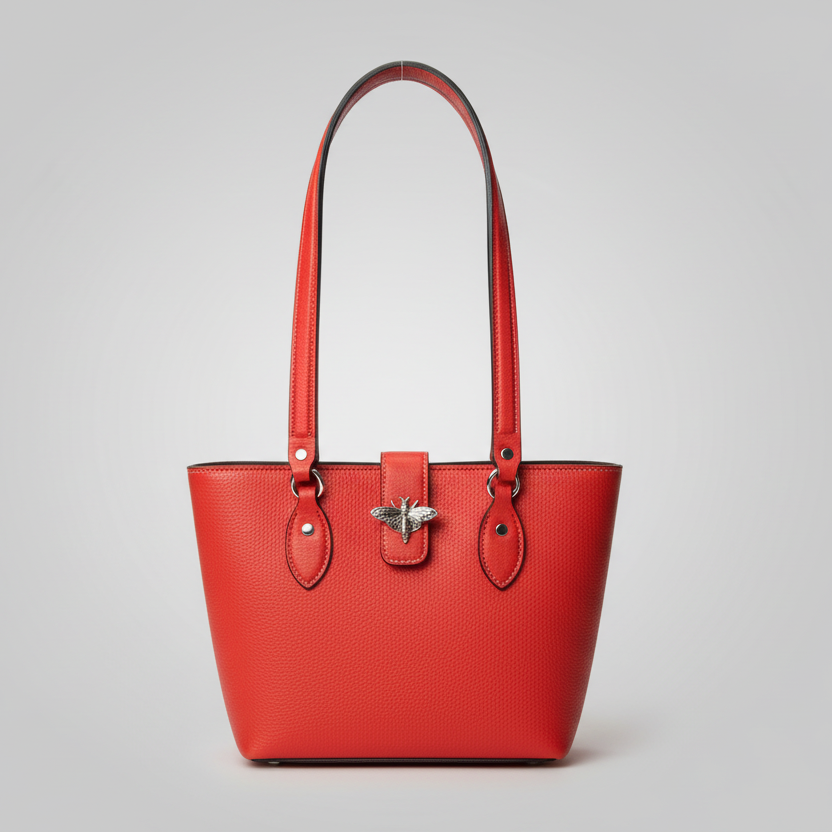 Orange shoulder bag with a silver bee clasp and hardware on a light gray background.