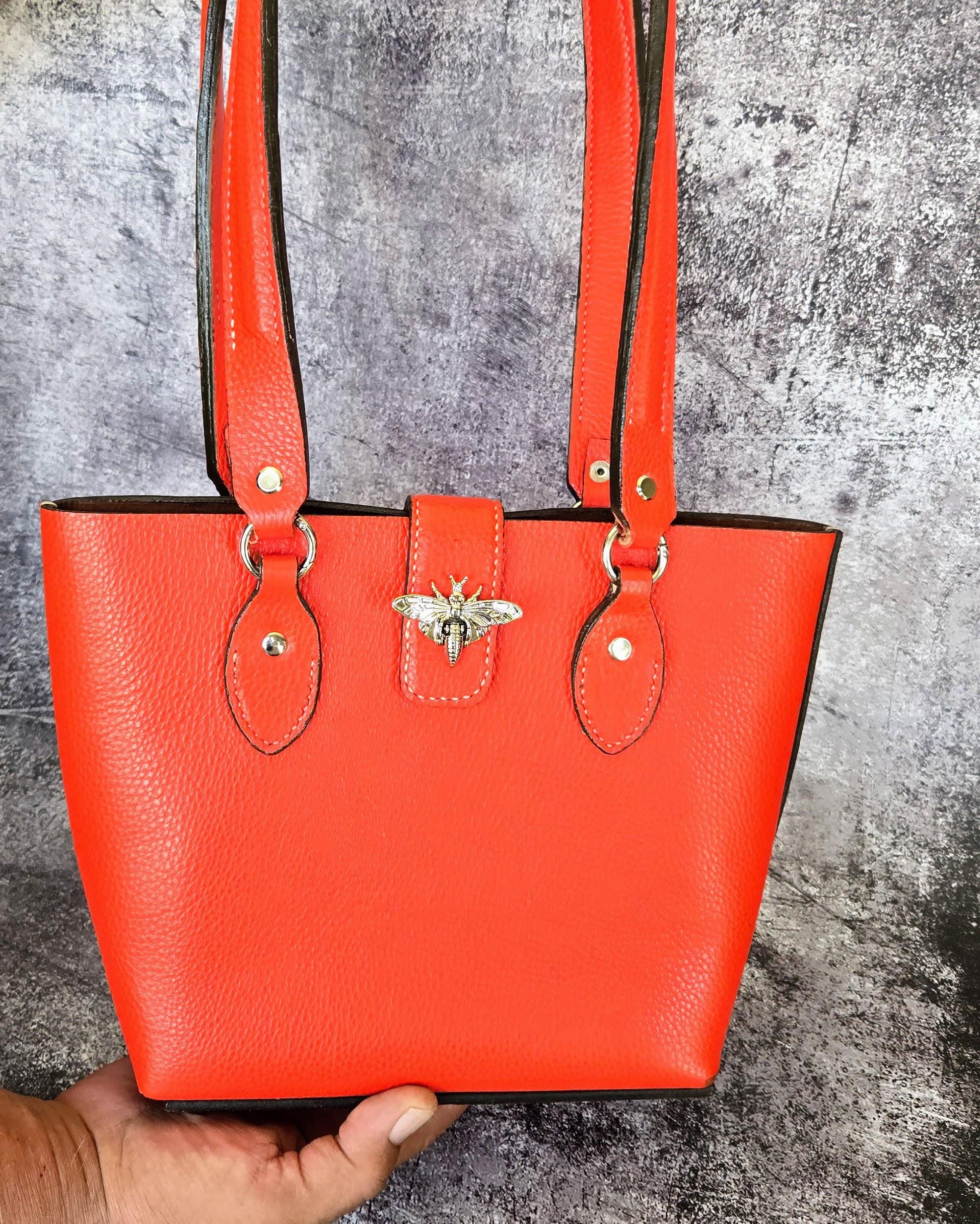 Bold Orange Leather Purse with Bee Clasp & Double Shoulder Straps – Medium to Large Handbag- The Chiara
