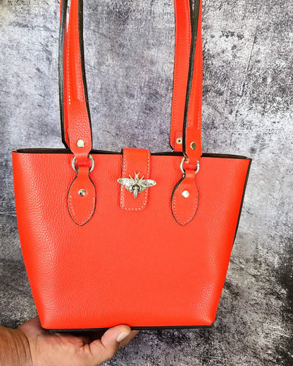 Bold Orange Leather Purse with Bee Clasp & Double Shoulder Straps – Medium to Large Handbag- The Chiara