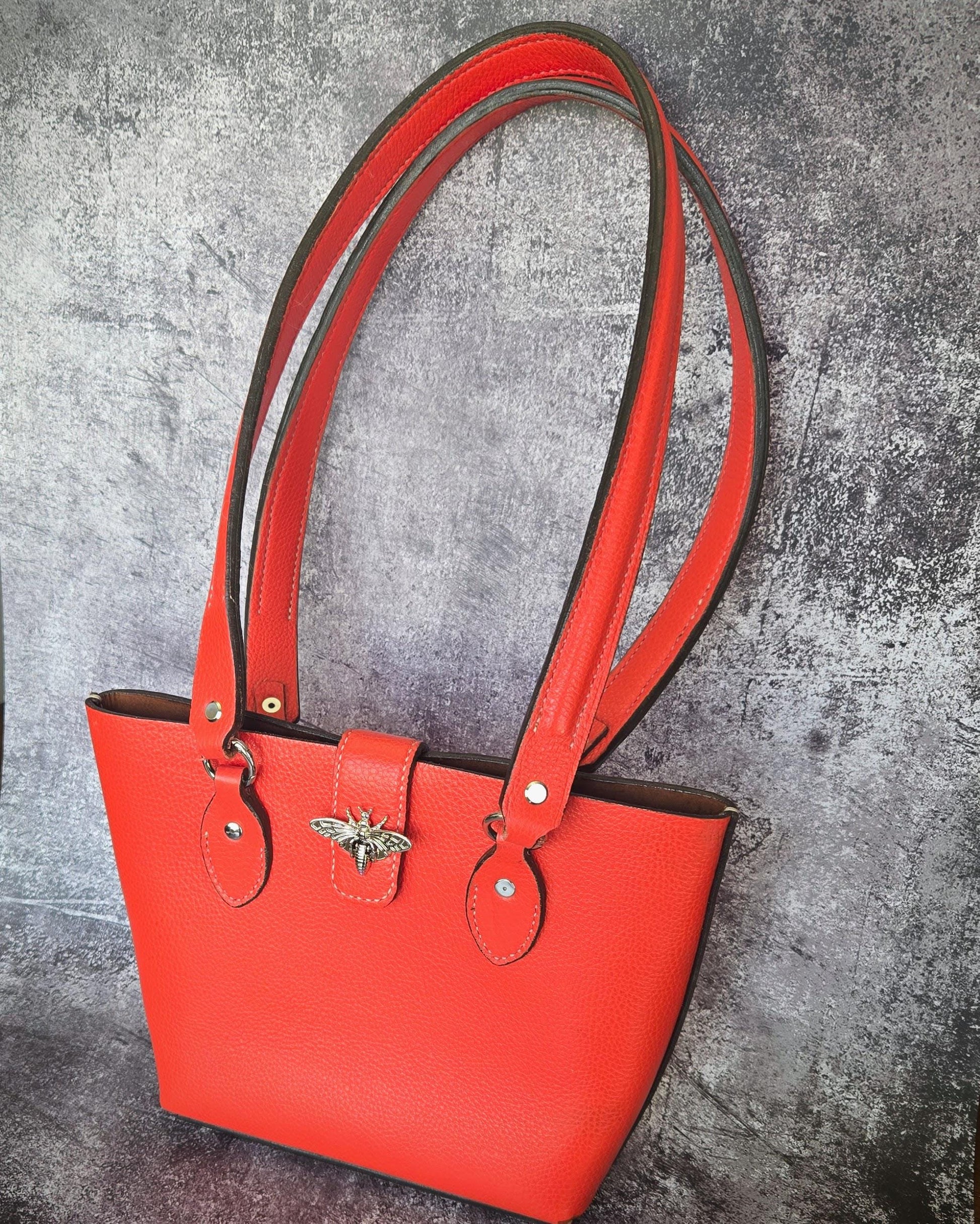 Bold Orange Leather Purse with Bee Clasp & Double Shoulder Straps – Medium to Large Handbag- The Chiara