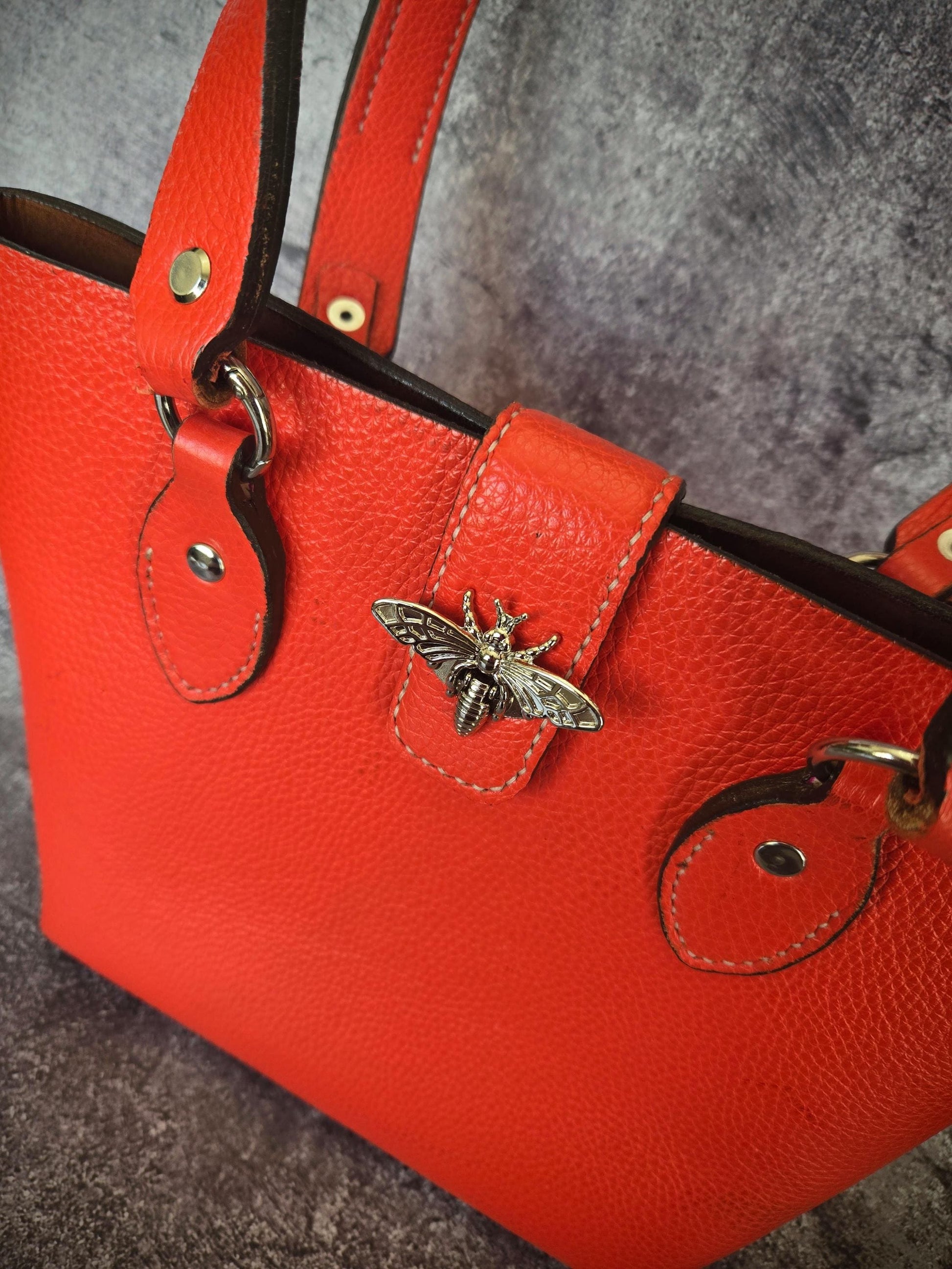 Bold Orange Leather Purse with Bee Clasp & Double Shoulder Straps – Medium to Large Handbag- The Chiara