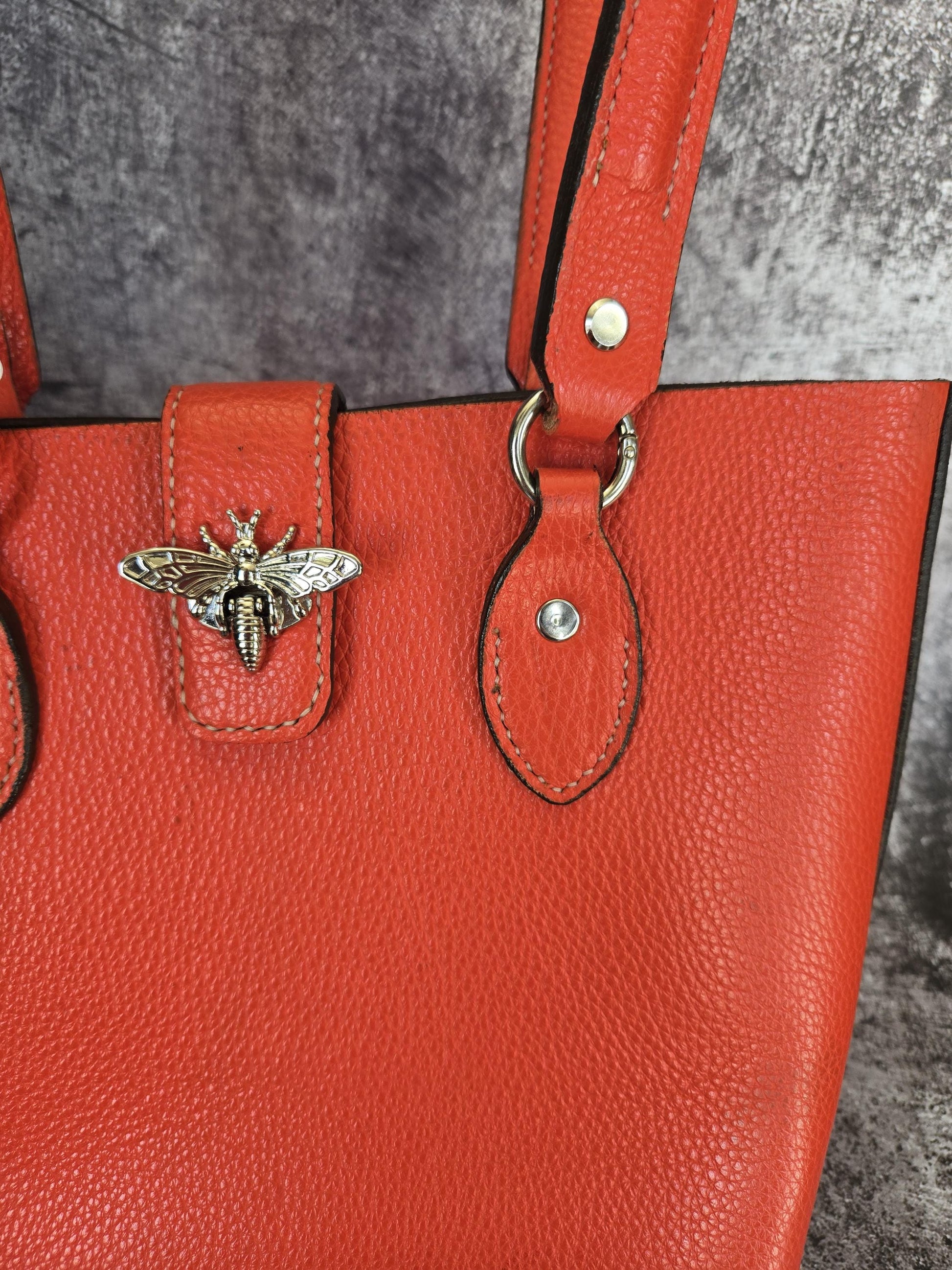 Bold Orange Leather Purse with Bee Clasp & Double Shoulder Straps – Medium to Large Handbag- The Chiara