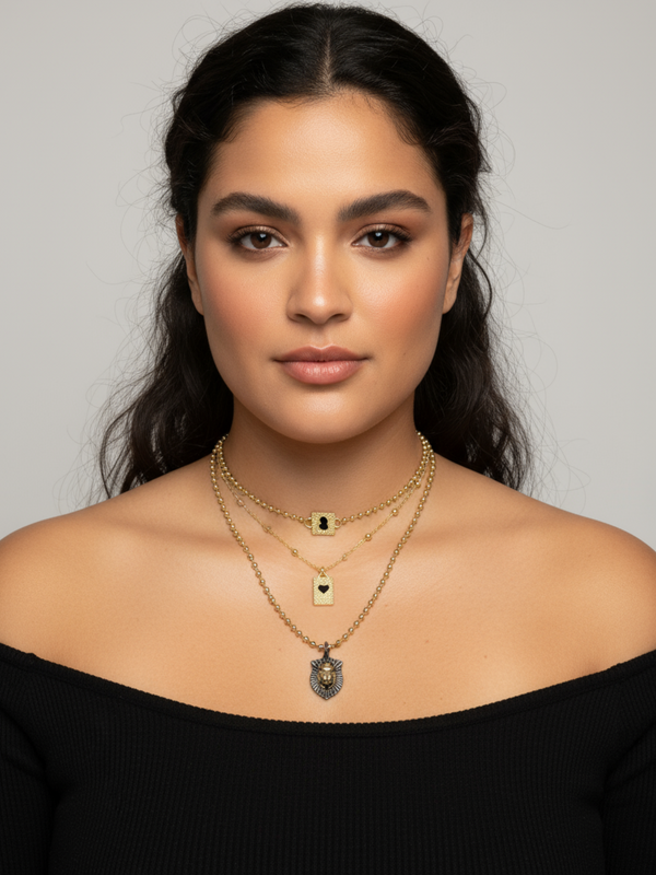 Triple Strand Necklace with Heart, Scarab & Pave Starburst Charms