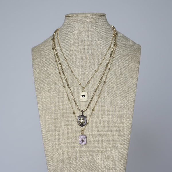 Triple Strand Necklace with Heart, Scarab & Pave Starburst Charms