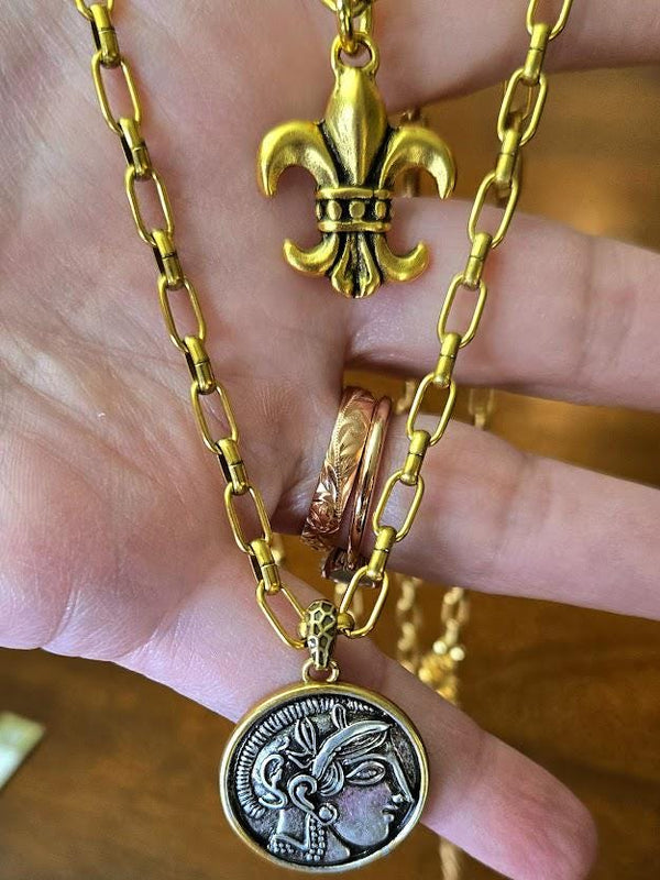 Layered Gold Necklace with Fleur-de-Lis & Roman Coin on Paperclip Chain- Stacked Necklace