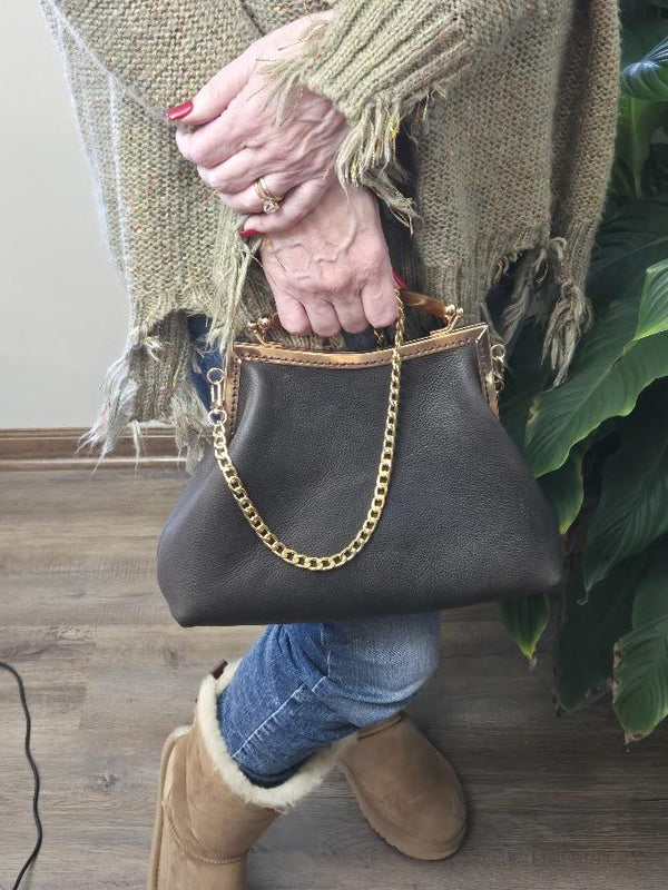 Dark Brown Leather Handbag with Ball Clasp Closure and removable Chain Strap