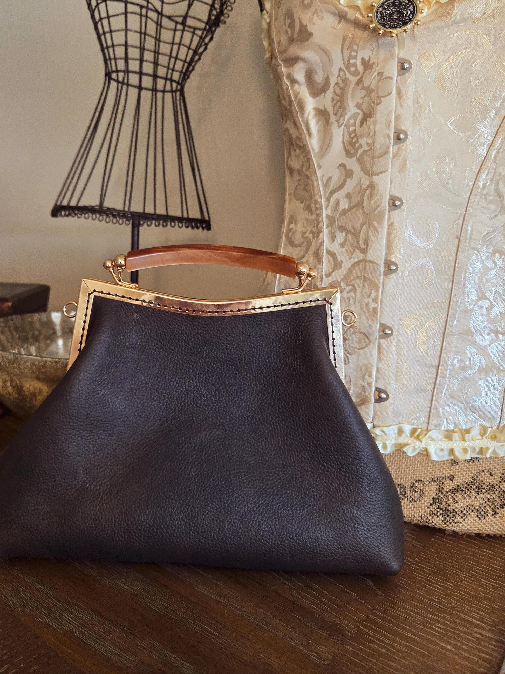 Small Dark Brown Leather Handbag with Ball Clasp Closure and removable Chain Strap