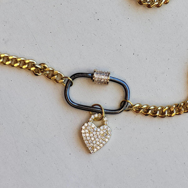 Gold Curb Chain Necklace with Gunmetal Carabiner & Pavé Heart Charm