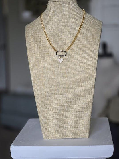 Gold Curb Chain Necklace with Gunmetal Carabiner & Pavé Heart Charm
