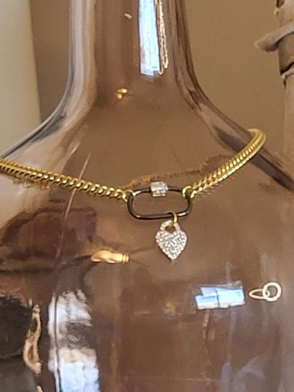 Gold Curb Chain Necklace with Gunmetal Carabiner & Pavé Heart Charm