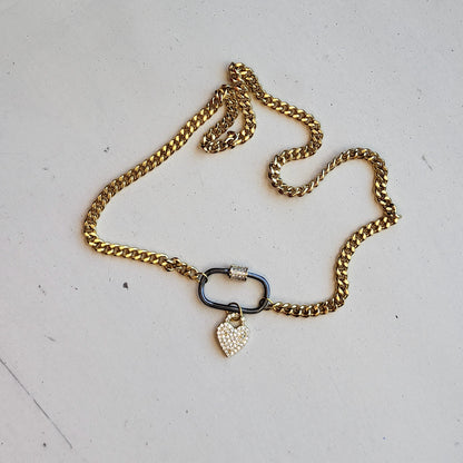 Gold Curb Chain Necklace with Gunmetal Carabiner & Pavé Heart Charm