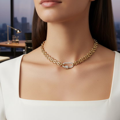 Carabiner Necklace Luxurious Multilink Chain Choker featuring Textured Design and CZ Pave Carabiner Clasp
