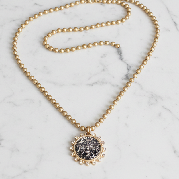 Queen Bee Pendant With Rhinestone Bezel on Matte Gold Ball Chain Necklace