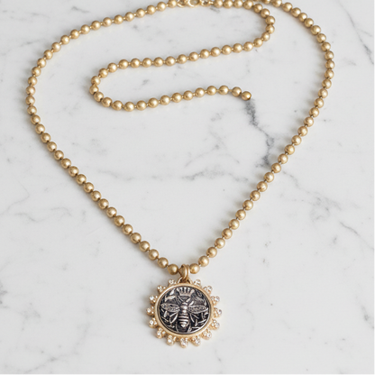 Queen Bee Pendant With Rhinestone Bezel on Matte Gold Ball Chain Necklace