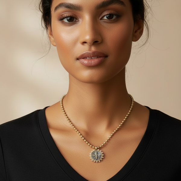 Queen Bee Pendant With Rhinestone Bezel on Matte Gold Ball Chain Necklace