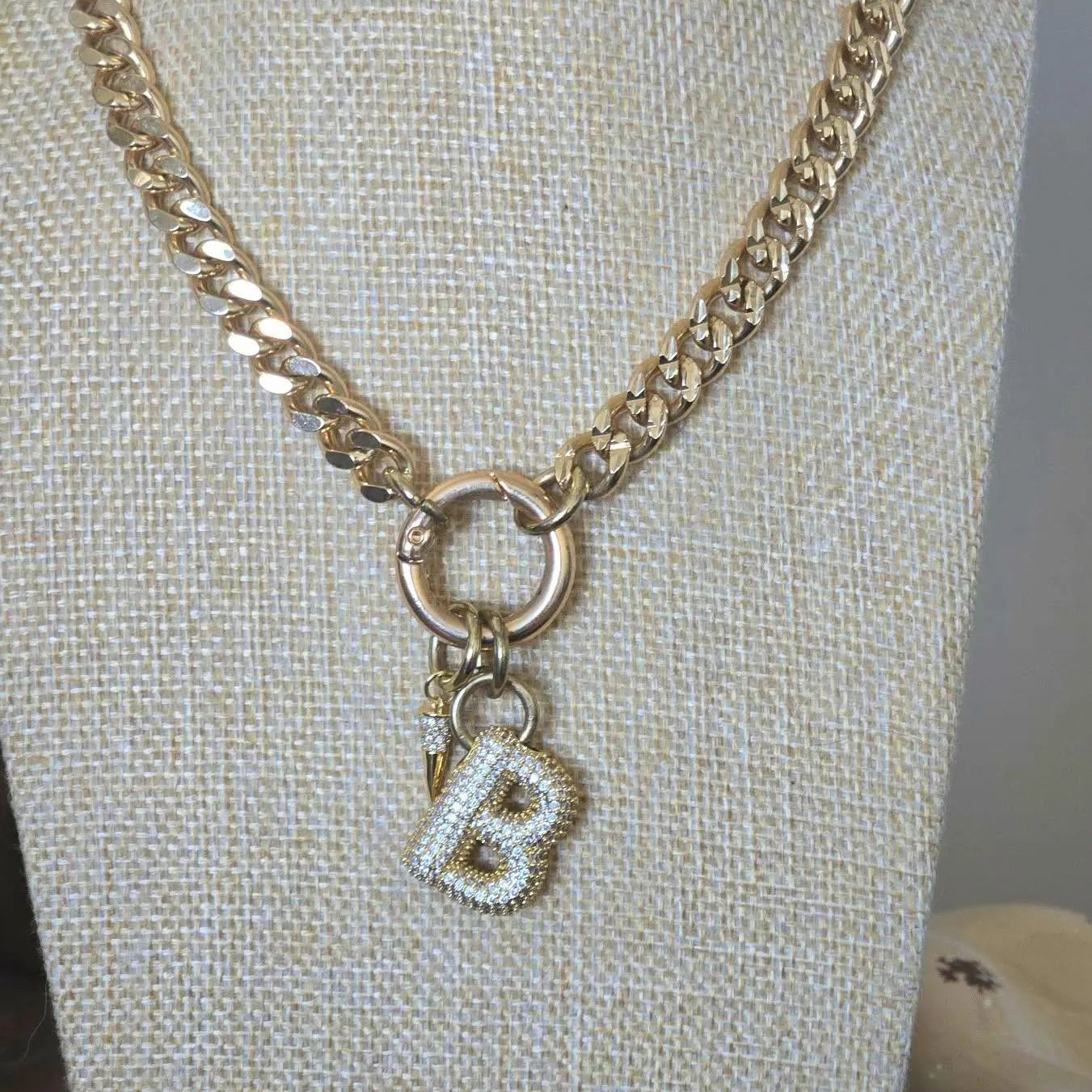 Gold Curb Chain Initial Necklace with Pavé Letter Charm & Spike Accent