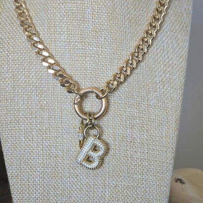 Gold Curb Chain Initial Necklace with Pavé Letter Charm & Spike Accent