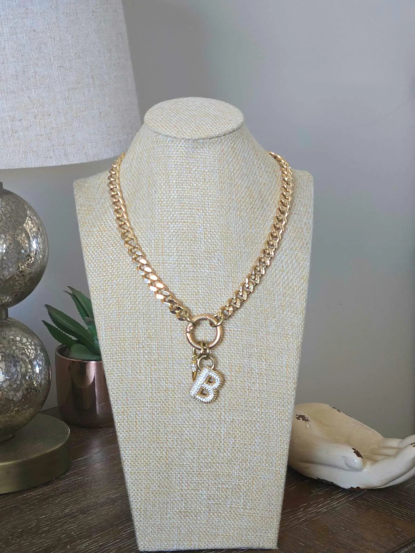 Gold Curb Chain Initial Necklace with Pavé Letter Charm & Spike Accent