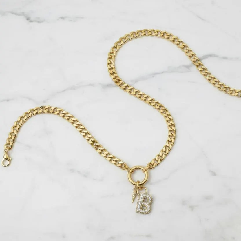 Gold Curb Chain Initial Necklace with Pavé Letter Charm & Spike Accent
