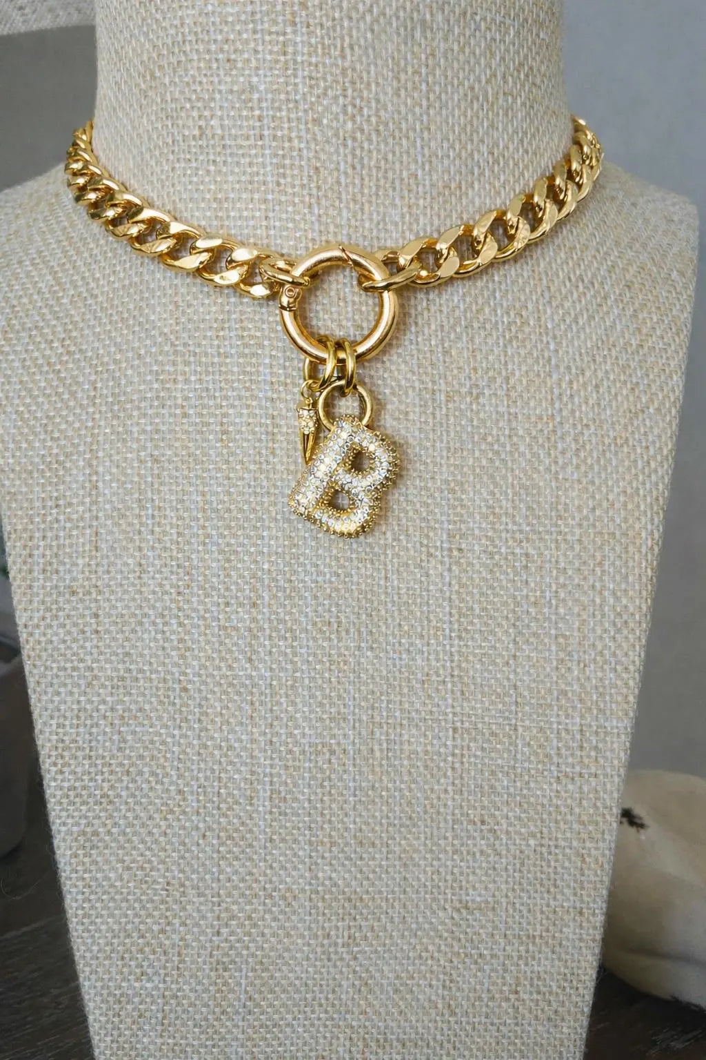 Gold Curb Chain Initial Necklace with Pavé Letter Charm & Spike Accent