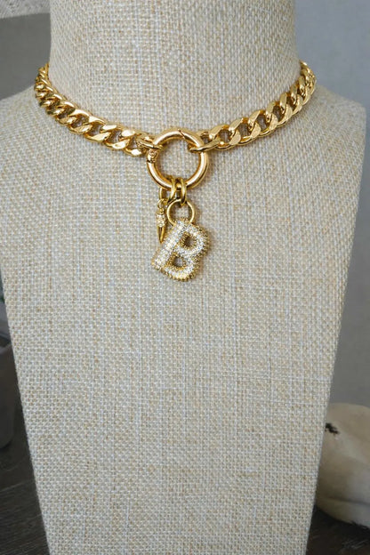 Gold Curb Chain Initial Necklace with Pavé Letter Charm & Spike Accent
