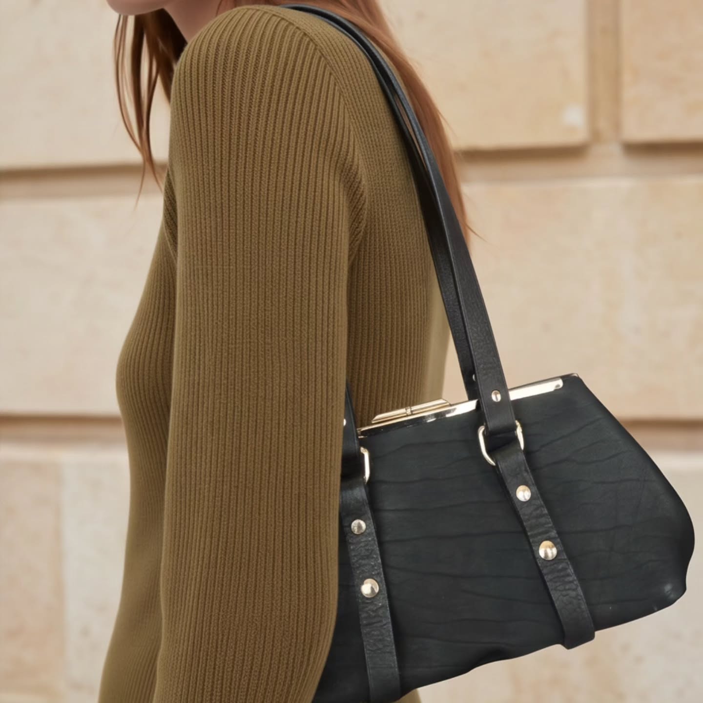 Urban Noir | Black Leather Shoulder Bag with Silver Hardware