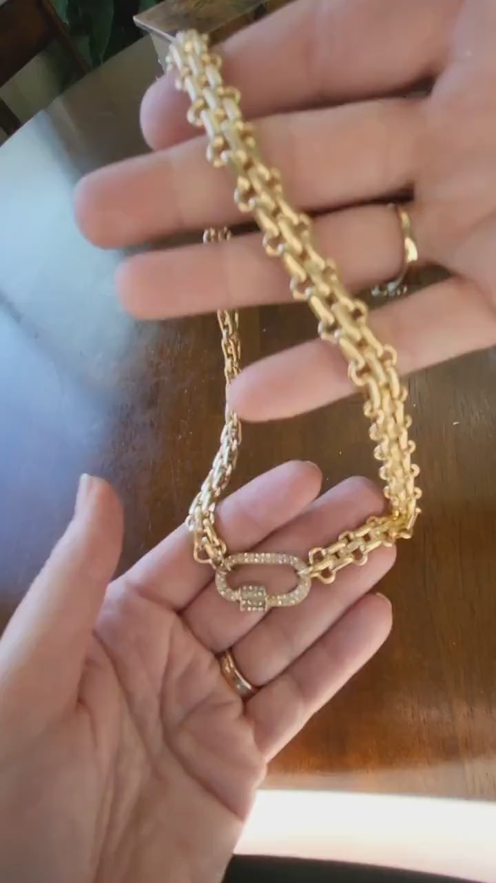 Carabiner Necklace Luxurious Multilink Chain Choker featuring Textured Design and CZ Pave Carabiner Clasp