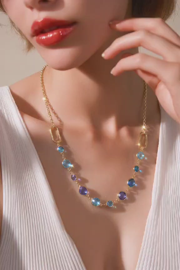 Gold Necklace with Blue Crystals - Gold and Turquoise, Layering Necklace, Gold and Turquoise Jewelry