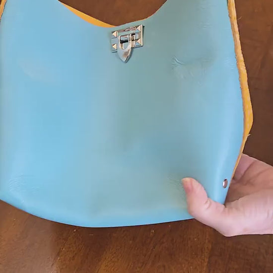 Handstitched Genuine Full Grain Leather Bucket Bag - Turquoise & Yellow Boho Glam