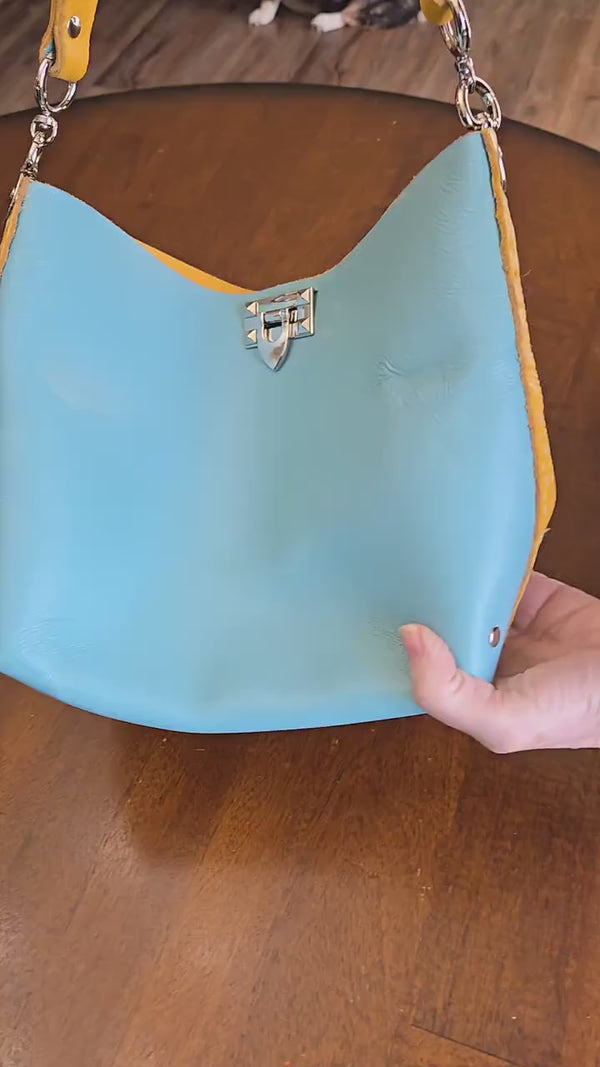 Handstitched Genuine Full Grain Leather Bucket Bag - Turquoise & Yellow Boho Glam
