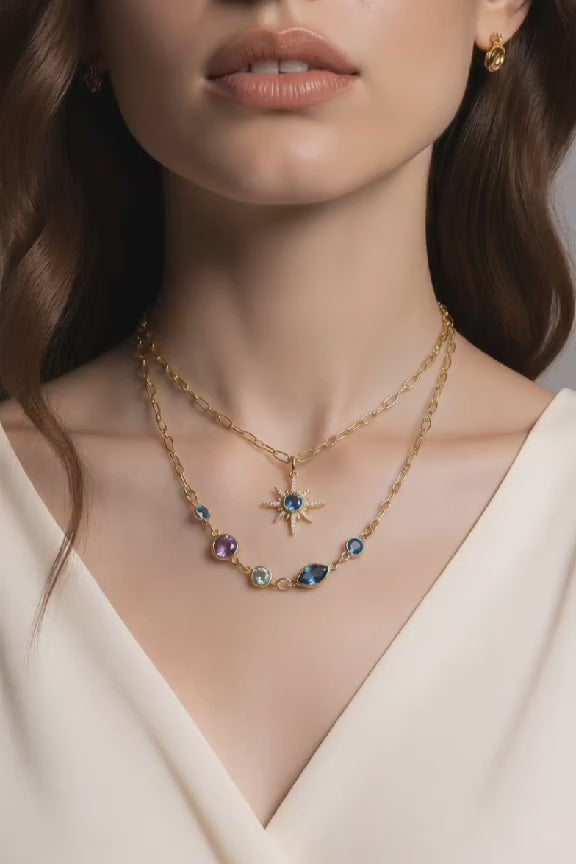 Gold Starburst Charm Necklace: Turquoise Crystal Double Strand