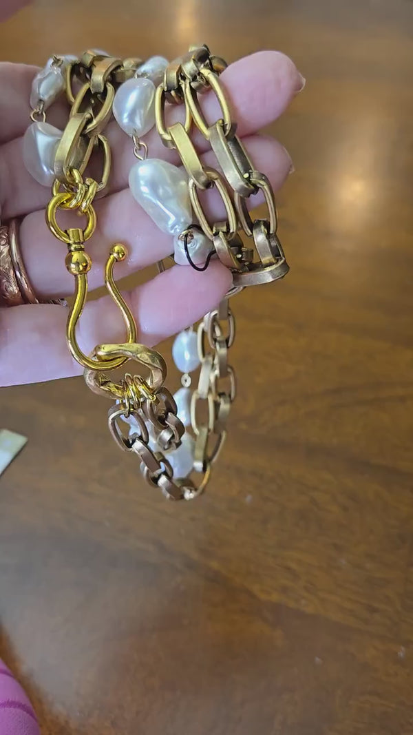 Statement Baroque Pearl Choker - Chunky Gold Oval Link, Multi-Strand Design With Baroque Pearls and large French Hook Clasp
