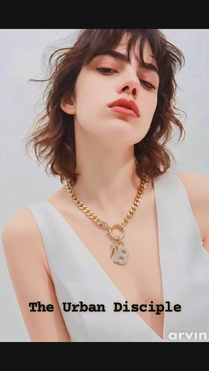 Gold Curb Chain Initial Necklace with Pavé Letter Charm & Spike Accent