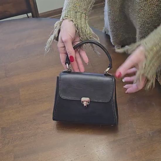Handstitched Small Black Full Grain Leather Handbag with Top Handle and Silver Hardware