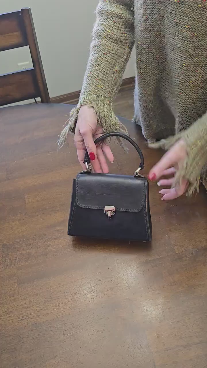 Handstitched Small Black Full Grain Leather Handbag with Top Handle and Silver Hardware
