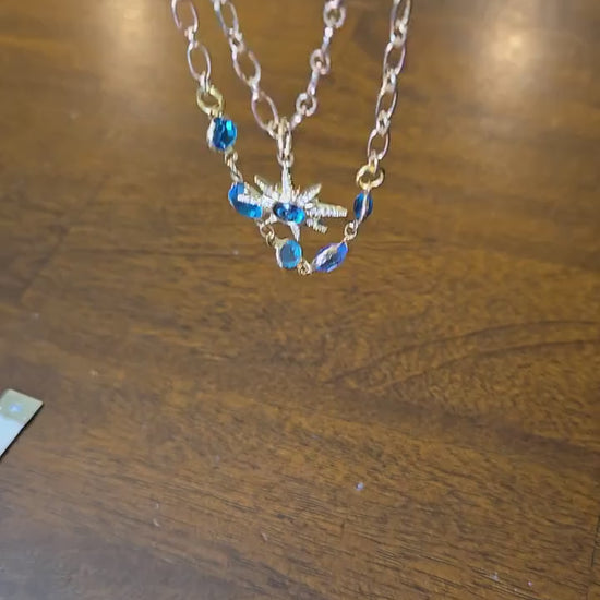 Gold Starburst Charm Necklace: Turquoise Crystal Double Strand