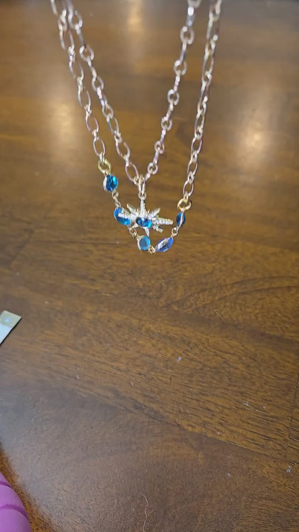 Gold Starburst Charm Necklace: Turquoise Crystal Double Strand
