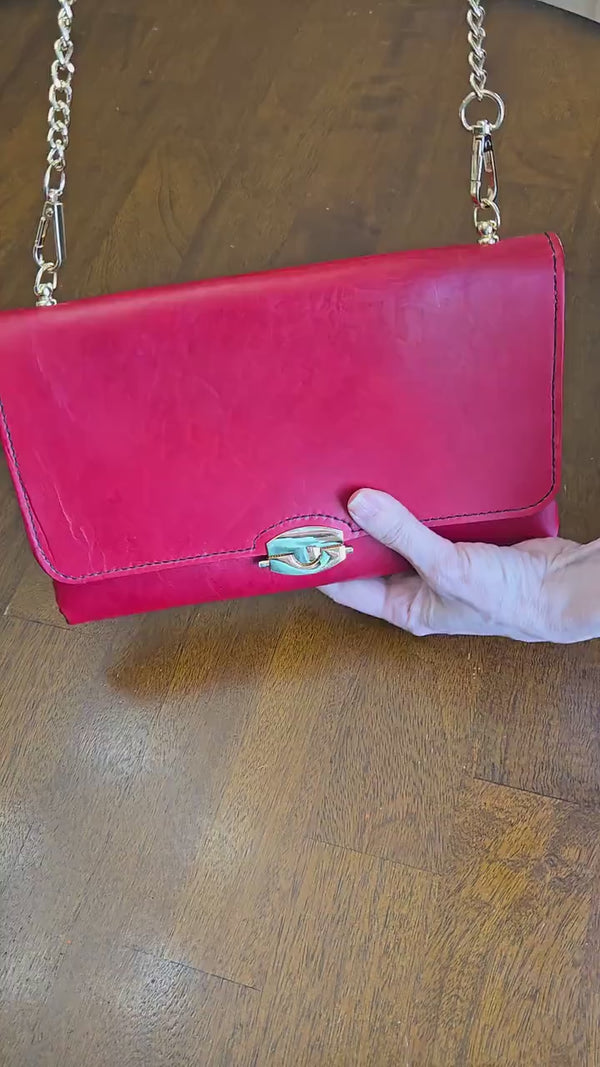 Handcrafted Red Leather Purse With Gold Chain Strap and Cornhusker Lining- Nebraska Cornhusker Football
