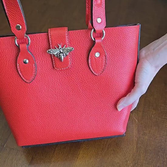 Bold Orange Leather Purse with Bee Clasp & Double Shoulder Straps – Medium to Large Handbag- The Chiara