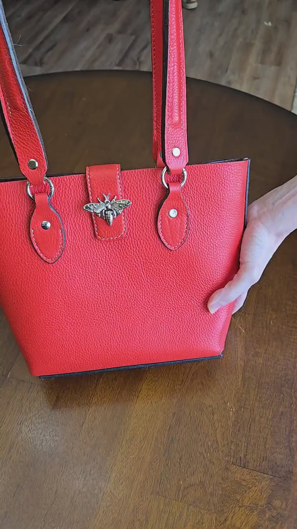 Bold Orange Leather Purse with Bee Clasp & Double Shoulder Straps – Medium to Large Handbag- The Chiara
