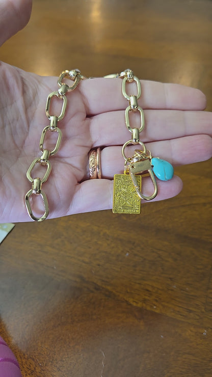 Gold Charm Bracelet- Customized Jewelry - Layering Bracelet, Matching Necklace and Bracelet- Turquoise Charm and Tarot Card Charm