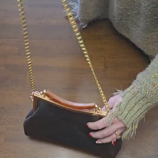 Small Dark Brown Leather Handbag with Ball Clasp Closure and removable Chain Strap