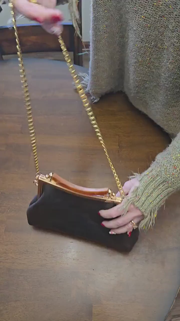 Small Dark Brown Leather Handbag with Ball Clasp Closure and removable Chain Strap