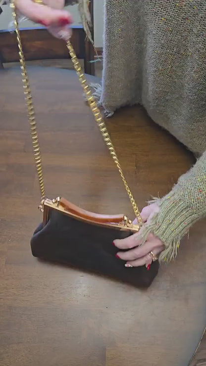 Small Dark Brown Leather Handbag with Ball Clasp Closure and removable Chain Strap