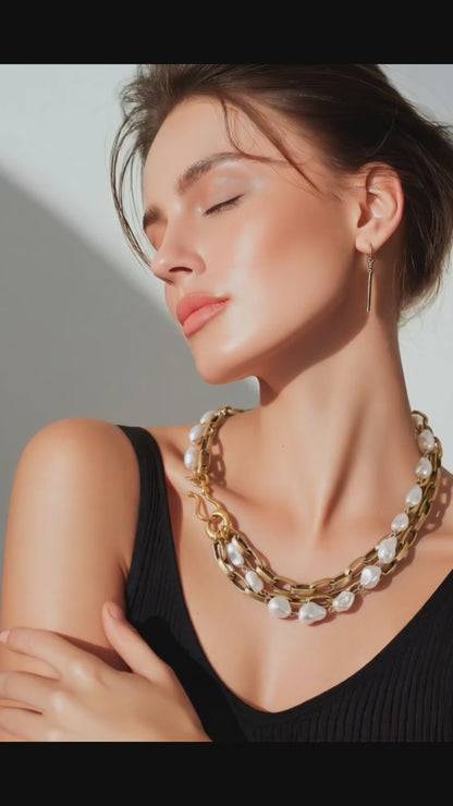 Elegant Baroque Pearl Multi-Strand Choker: Luxurious Gold Statement Necklace for Special Occasions