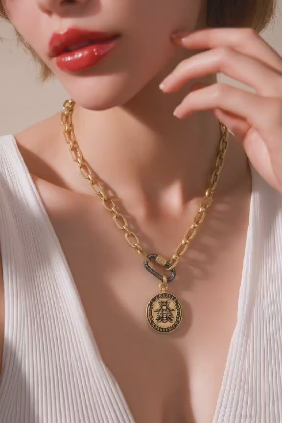 Chunky Matte Gold Bee Medallion Necklace with Black and Gold Pavé Carabiner