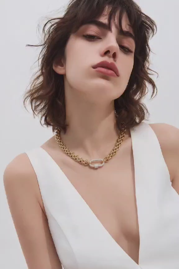 Carabiner Necklace Luxurious Multilink Chain Choker featuring Textured Design and CZ Pave Carabiner Clasp